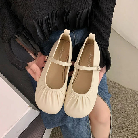 Sonicelife 2024 Autumn Women Flat Shoes Fashion Pleated Round Toe Shallow Slip on Ballet Shoes Flat Heel  Soft Ballerina Mary Jane Shoes