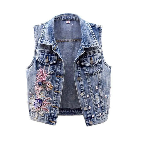 Sonicelife 2025 Denim Women Vest Pearl Fashion Ripped Autumn Jeans Jacket Sleeveless Loose Short Coat Streetwear Beaded Flower Denim Vest