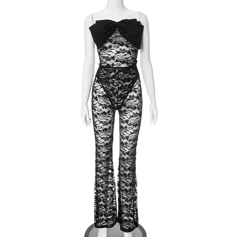 Sonicelife Sexy Women 2 Piece Lace Big Bow Knot Bodysuits Lace Pants Sets Party Cute Lady Lace Crochet Perspective Two Piece Outfits Summer