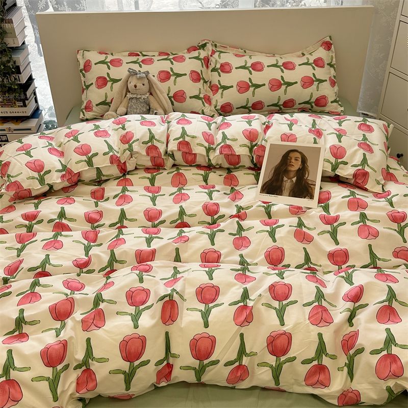 Sonicelife Rabbit Bedding Set Cute Sweetheart Spring Soft Flat Sheet Duvet Cover Pillowcase Single Double Queen Size Bed Linen