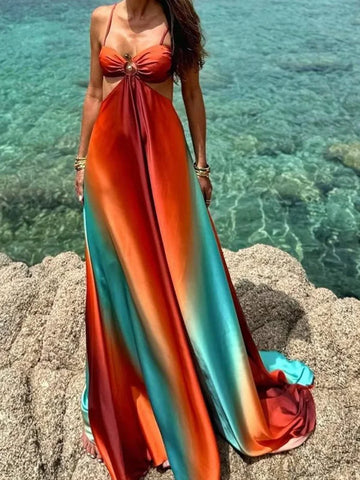 Sonicelife Sexy Print Colorful Hollow Out Pleat Maxi Dress Women Fashion Open Back Sling A-line Robes 2025 New Holiday Lady Summer Dresses