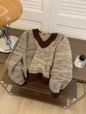 christmas outfit Sonicelife Maillard coffee v-neck pullover sweater for women autumn and winter outer wear short winter thickened inner sweater y2k tops emo