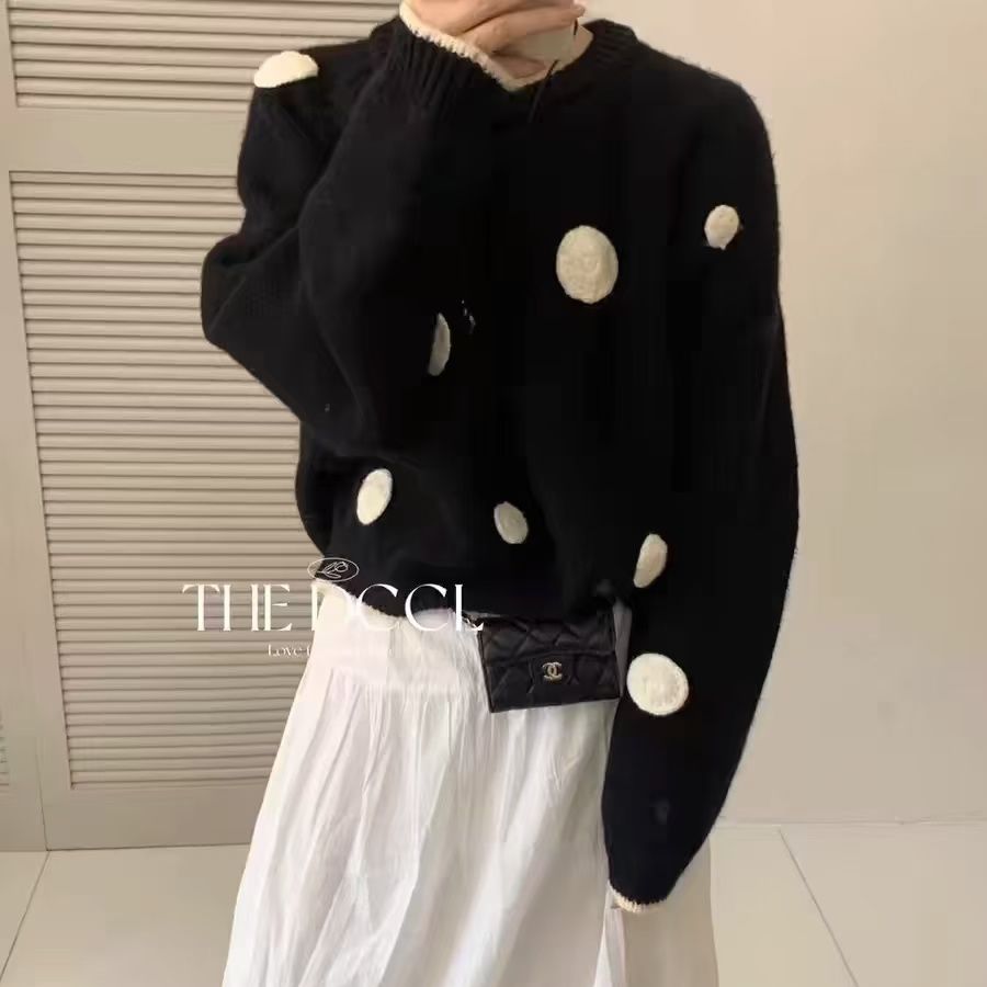 christmas outfit Sonicelife Three-dimensional sweater polka dot 2025 round neck new retro autumn and winter loose pullover sweater top lazy men clothing