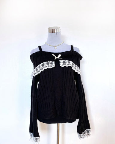 Sonicelife Y2K Winter's Black Knitwear Cute girly knitwear Korean 2000s aesthetic long sleeve knitwear with one shoulder off the shoulder