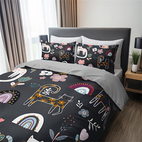 Sonicelife 3pcs Cat & Floral Print Bedding Set - Includes 1 Duvet Cover and 2 Pillowcases, Breathable Polyester, Machine Washable - Perfect