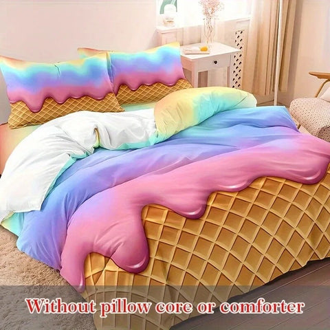 Sonicelife 3pcs Vibrant Rainbow Ice Cream Wafer Cone Duvet Cover Set - Soft, Breathable, and Comfortable Bedding for Bedroom, Dormitory