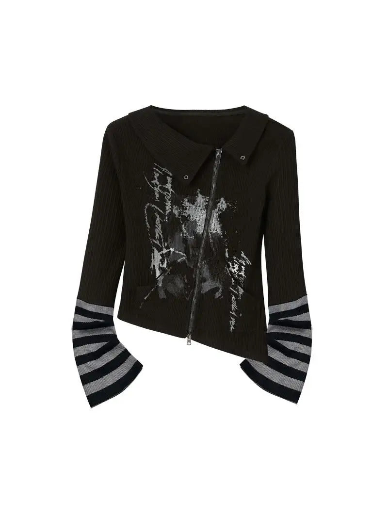 Sonicelife Gothic Harajuku Print Zipper Cardigan T-shirt Women Vintage Slim Grunge Fashion Patchwork Top Women Y2k Aesthetic Streetwear Tee