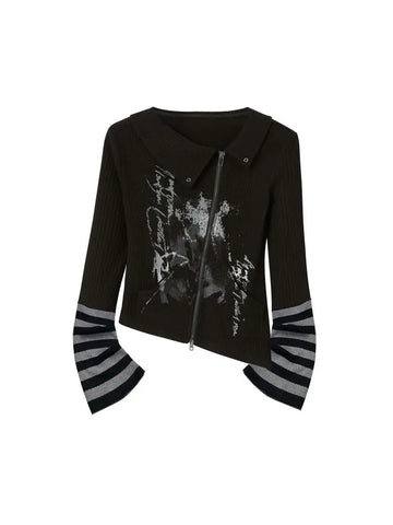 Sonicelife Gothic Harajuku Print Zipper Cardigan T-shirt Women Vintage Slim Grunge Fashion Patchwork Top Women Y2k Aesthetic Streetwear Tee
