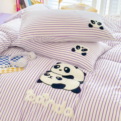 Sonicelife Striped Bedding Set Full Size Cartoon Duvet Cover for Kids Purple Bed Sheet Set Single Size Panda Towel Embroidery Bedding Sets