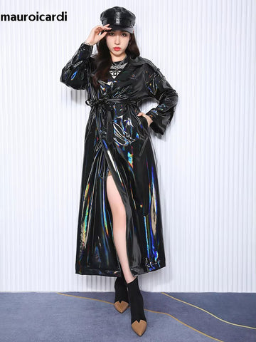 christmas outfit Sonicelife Spring Soft Thin Flowy Shiny Reflective Holographic Black PVC Faux Leather Trench Coat for Women Maxi Y2K Streetwear