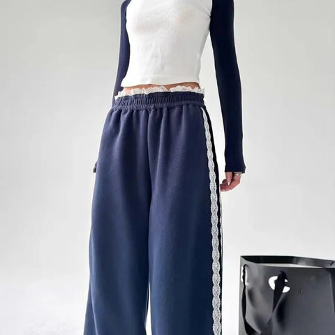 Sonicelife Lace Patchwork Sweatpants Women Y2K Streetwear High Waist Wide Leg Pants Korean Fashion Casual Elastic Waist Straight Trousers