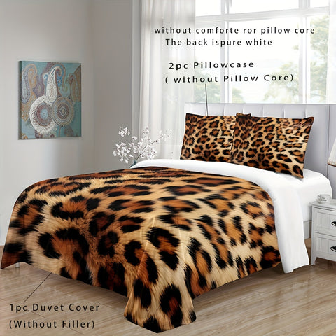 Sonicelife 3pcs Animal Pattern Duvet Cover Set Wild Romantic Leopard Tiger Pattern Print Bedding Set, Soft Comfortable Duvet Cover