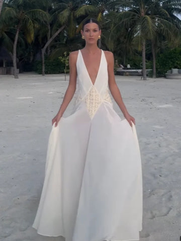 Sonicelife Summer Elegant V Neck White Maxi Dress For Women Fashion See Through Sling Long Dresses New Lady High Street Holiday Robes 2025
