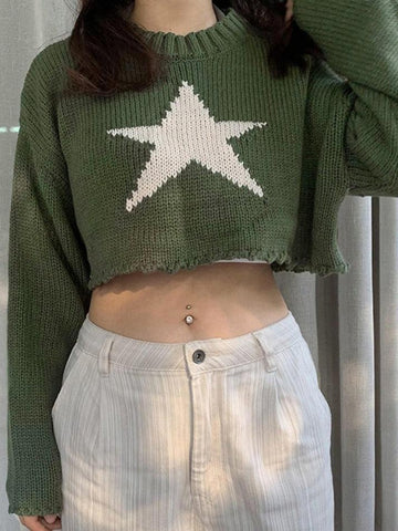 Back To School Sonicelife Vintage Star Jacquard Cropped Sweater