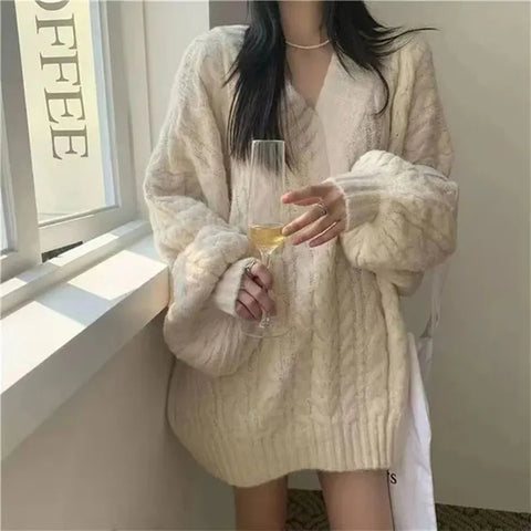 Sonicelife Autumn Winter Women Sweater Harajuku Oversized Knitted Pullovers Korean Long Sleeve V Neck Knitwear Preppy Solid Loose Jumper