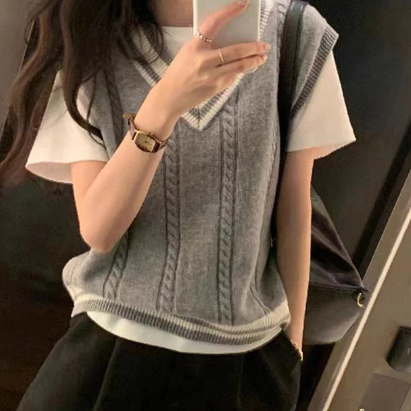 Sonicelife 2024 Autumn Winter  Women Patchwork V-neck Knit Sweater Vest Sleeveless Rib Preppy Style Pullover Sweater Vest For Women