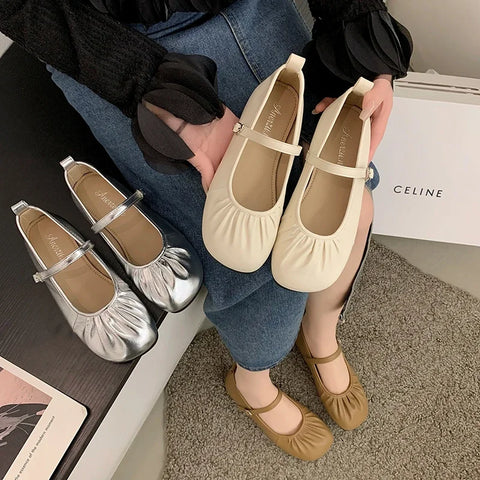 Sonicelife 2024 Autumn Women Flat Shoes Fashion Pleated Round Toe Shallow Slip on Ballet Shoes Flat Heel  Soft Ballerina Mary Jane Shoes