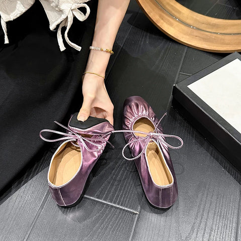 Sonicelife Ballet flats women   Leather Shoe Women Narrow Band Silver Flats Bling Bling Gold Round Toe 2024 Spring Footwear