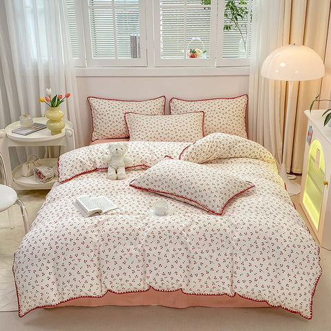 Sonicelife INS Girls Cherry Bedding Set Soft Washed Cotton Bed Sheet Queen King Size Simple Quilt Cover Pillowcase Bed Linens