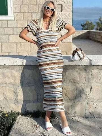 Sonicelife Ladies Chic Contrast Striped Knitted Maxi Summer Dress Women Short Sleeve High Waist Vestidos Casual Beach Holiday Dress Female