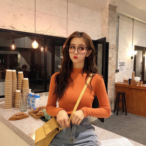 Black Friday Sonicelife Knitted Solid Slim Turtleneck Women Casual Simple Elastic Thin Pullover Sweaters Lady Korean Autumn Chic Daily Basic Knitwear