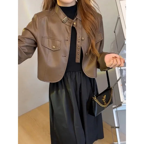 thanksgiving outfit Sonicelife Fashionable Cropped Leather Jacket With Dress Set Women's Single Piece Suit Matching Outfit Elegant Style In Two Pieces