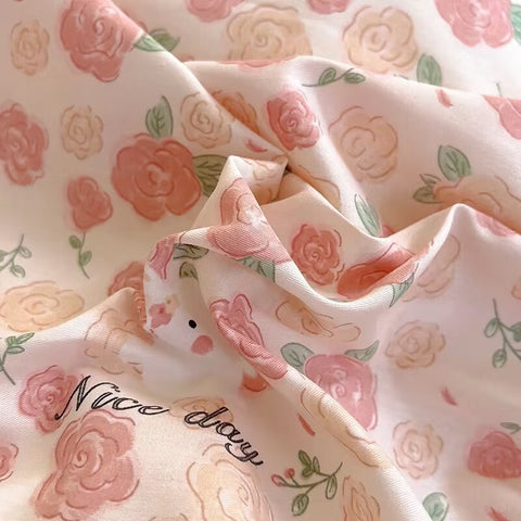 Sonicelife Romantic Rose Pink Floral Bedding Set Double Size Flat Sheet Duvet Cover and Pillowcase For Girls Soft Bed Linen Home Textile