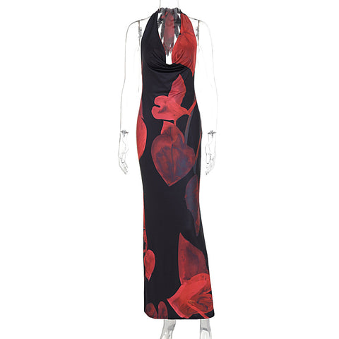 Sonicelife Women Contrasting Print Halter Long Dresses Sexy Lace Up Swing Collar Open Back Midi Vestidos Summer Holiday Woman Clothing 2025