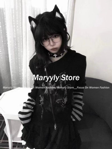 Sonicelife Gothic Harajuku Print Zipper Cardigan T-shirt Women Vintage Slim Grunge Fashion Patchwork Top Women Y2k Aesthetic Streetwear Tee