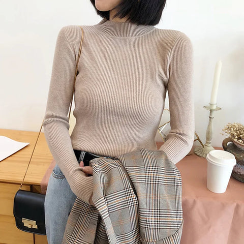 Sonicelife Women Sweater Vintage Basic Solid Knitted Tops Casual Slim Pullover Korean Sweaters Simple Jumper Autumn Winter Mock Neck