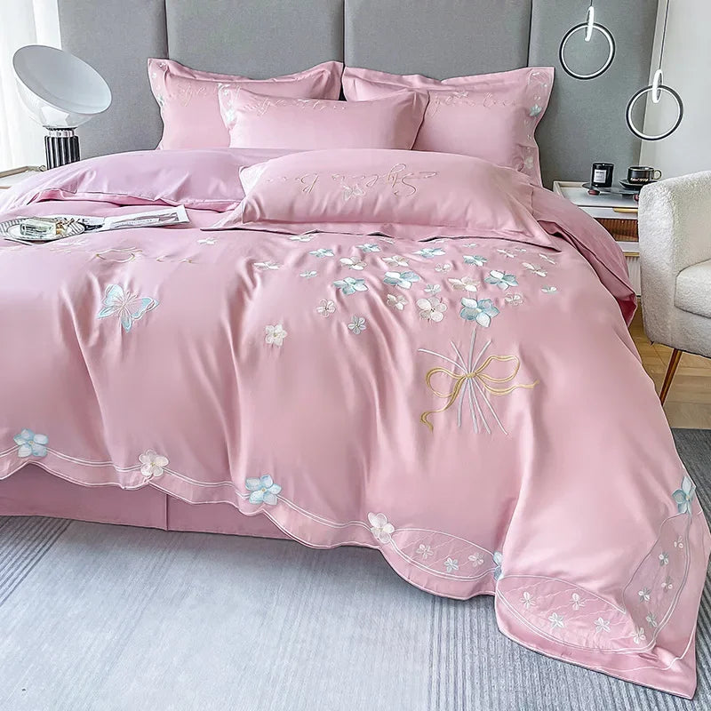 Sonicelife Fresh 120 Cotton Four-Piece Set Girl's Heart Butterfly Embroidered Cotton Quilt Cover Fitted Sheet Bare Sleeping Bedding