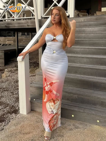 Sonicelife Gradient Printed Women's Midi Dress Summer Lady Backless Hollow Out Slim Fit Long Dresses 2025 Female Vocation Strapless Robes