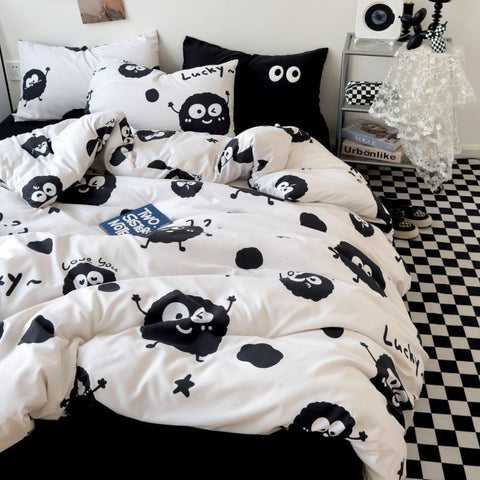 Sonicelife Ins Style Big Eyes Duvet Cover No Filling Double Mix Color Flat Sheet Pillowcases Washed Cotton Embroidery Queen Bedding Set