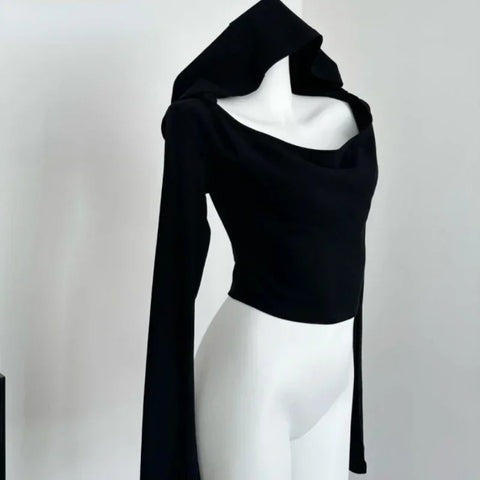 Sonicelife Gothic Black Tshirts for Women Y2k Crop Tops Shirts 2025 Summer Hooded Long Sleeve Tees Korean Fashion Casual Sexy T Shirt New