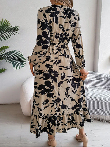 Sonicelife Long Sleeve Ruffles Floral Printed Maxi Dress Bohemian Holiday Dress Office Elegant V-Neck Dress Vestido Autumn