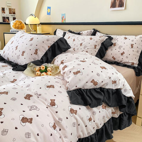 Sonicelife Ink Style A-class Skin Friendly Washed Cotton Four Piece Set With Lotus Leaf Lace Bedding, Bedsheet, Duvet Cover, Single Bed