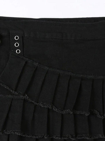 Sonicelife-Tiered Pleated Denim Mini Skirt