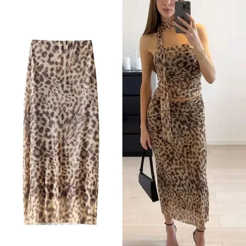 Sonicelife Leopard Print Tulle Skirt Woman Vintage High Waist Long Skirts For Women Summer Mesh Midi Skirt Elegant Women's Skirts