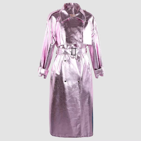 christmas outfit Sonicelife Autumn Luxury Long Hard Pink Shiny Reflective Patent Pu Leather Trench Coat for Women Double Breasted Y2K Clothes