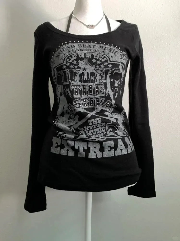 Sonicelife Gothic Vintage Print Long Sleeve T Shirts Women Clothes Harajuku Diamond Black Tees Bandage Casual Fashion T-shirt Y2k Tops New