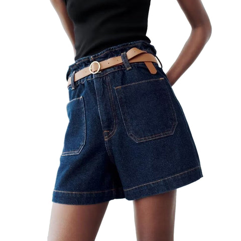 Sonicelife Women's Denim Shorts Loose and Comfortable Pocket Decoration High Waisted Straight Leg New