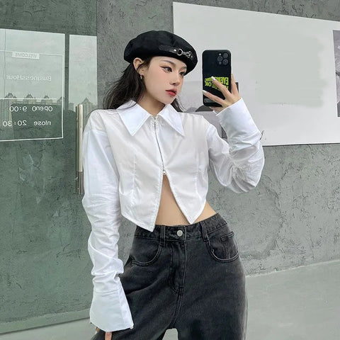 Sonicelife Slim Cropped White Shirt Women Long Sleeve Sexy Chic Double Zippers Blouse Fall Female Long Sleeve Hip Hop Streetwear Tops
