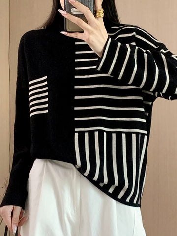 christmas outfit Sonicelife Long Sleeves Loose Contrast Color Striped High Neck Pullovers Sweater Tops