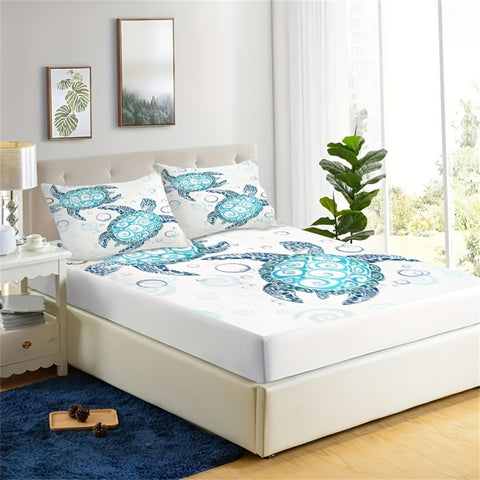 Sonicelife Fashion Style Sea Turtle Print Fitted Sheet Set Mattress Covers Comfortable Breathable Bedding Set With Deep Pocket for Bedroom
