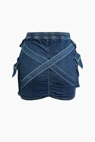 Sonicelife-V-waist Buckle Flap Pocket Denim Cargo Skirt