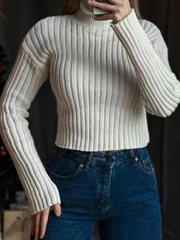 Sonicelife-Solid Turtleneck Ribbed Short Sweater