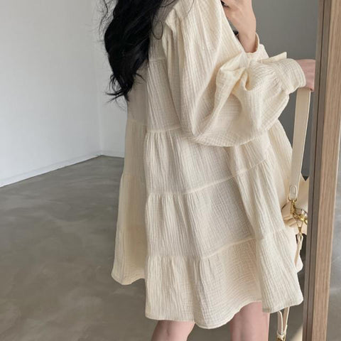 Sonicelife Korean Chic Long Sleeve Dress Women Loose Turn Down Collar Folds Simple Dress Fashion All Match Sweet Autumn Solid Vestidos