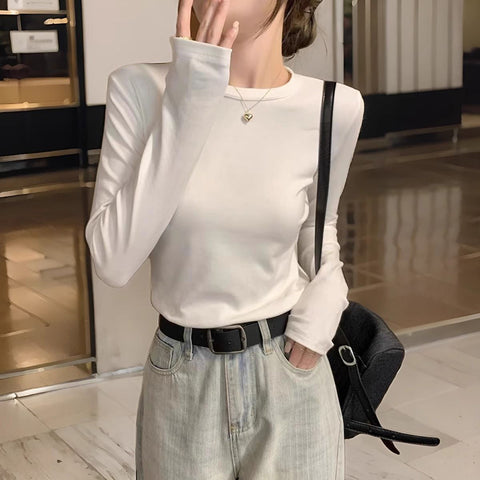 Sonicelife Grey O Neck Slim Bottoming T Shirt Women Autumn Winter Warm All Match Long Sleeved Tops Korean Streetwear Basic Tees New