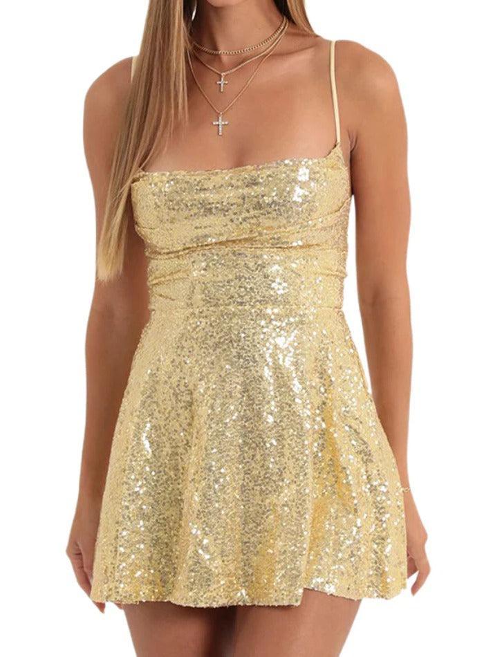 Sonicelife hoco dresses-Sequin Backless Tie Up Mini Dress