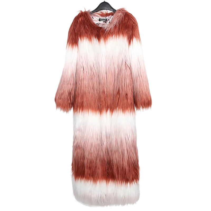 christmas outfit Sonicelife Spring Winter Long Colorful Shaggy Hairy Fluffy Gradient Warm Soft Faux Fur Coat Women O Neck Furry Overcoat 2025